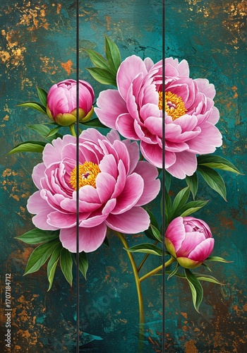 pink water lily, Oil painting triptych features large pink peonies with gold leaf accents on canvas. Delicate floral art shows blossoms in various stages, green leaves, buds against dark, textured bac