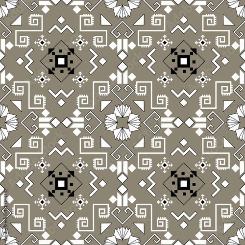 Tribal inspired symmetry in soft taupe and white tones. Inspiration from indigenous motifs and ancient craft patterns, ideal for ethnic-themed fabrics, boho home decor, and digital applications.