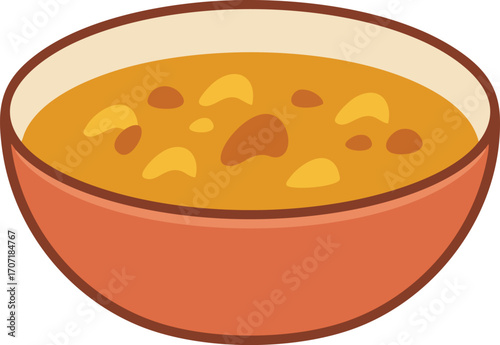 A simple cartoon illustration of a terracotta bowl filled with a chunky, hearty yellow soup.