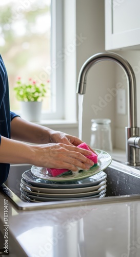 Woman washing dishes in a kitchen sink with foaming soap, clean concept, domestic routine for a banner or poster advertising household services or cleaning services.	

