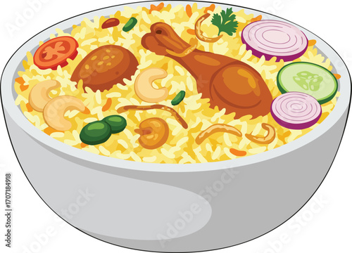 A vibrant illustration of a delicious chicken biryani served in a white bowl, garnished with cashews, onions, cucumbers, and tomatoes.