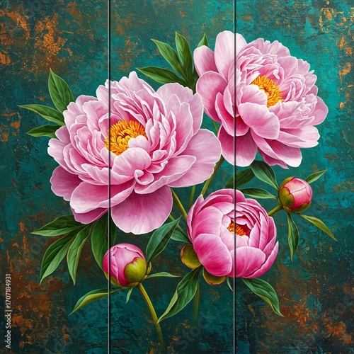 pink lotus flower in water, Oil painting triptych features large pink peonies with gold leaf accents on canvas. Delicate floral art shows blossoms in various stages, green leaves, buds against dark, t