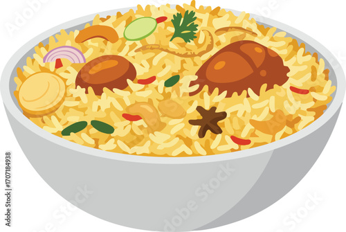 A bowl of flavorful chicken biryani, showcasing a mix of rice, chicken, vegetables, and spices.
