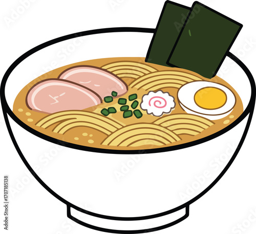 A delicious bowl of Japanese ramen noodle soup with pork, egg, and seaweed toppings, presented as a clean vector illustration.