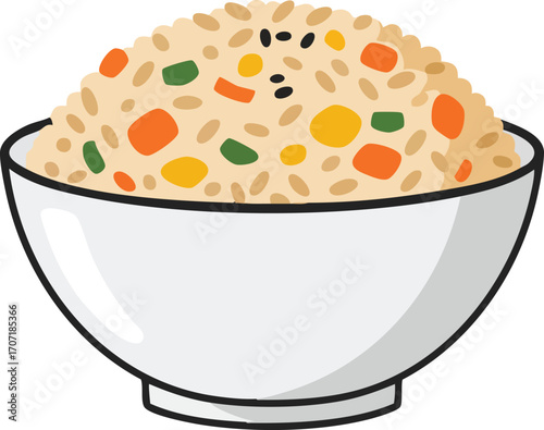 A white bowl filled with delicious fried rice, mixed with colorful vegetables and topped with black sesame seeds, presented as a cartoon illustration.
