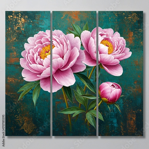 pink tulips on grunge background, Oil painting triptych features large pink peonies with gold leaf accents on canvas. Delicate floral art shows blossoms in various stages, green leaves, buds against d