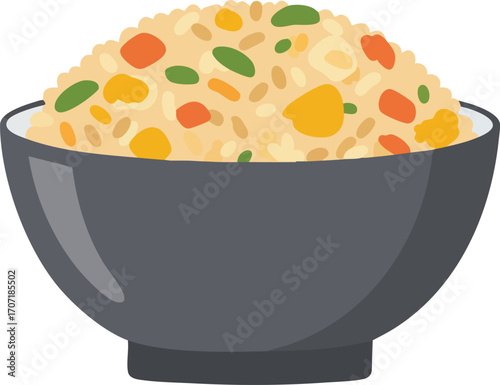 A bowl of colorful fried rice with vegetables.