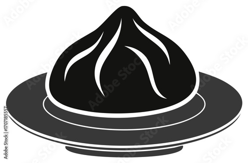 Stylized black and white icon of a dim sum dumpling on a plate
