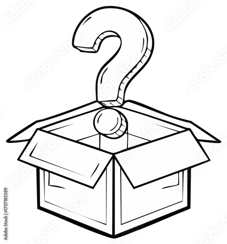 Large question mark emerging from an open cardboard box with a round object inside