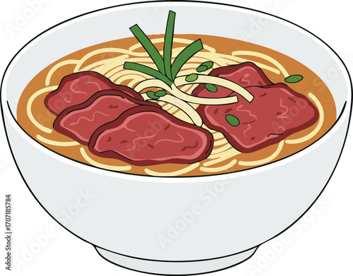 A white bowl filled with savory ramen noodles, sliced beef, and garnished with green onions and ginger.