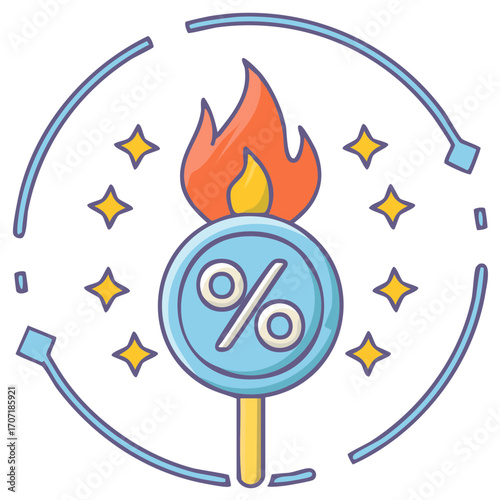 Discount Offer Concept. Burning Percentage Symbol with Sparks and a Decorative Element.