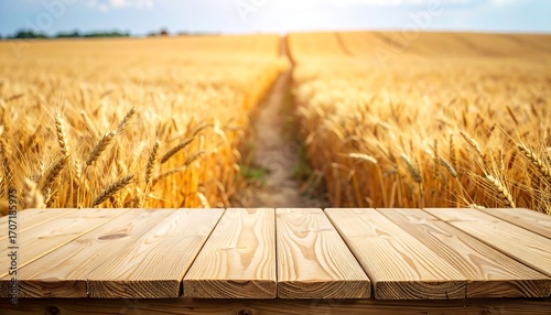 Rustic wooden plank tabletop with a sharply focused foreground against a blurred golden wheat field background