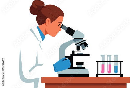 Focused scientist examining sample under microscope in laboratory setting.