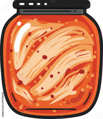 A stylized vector illustration of a glass jar filled with spicy red Korean fermented napa cabbage kimchi.