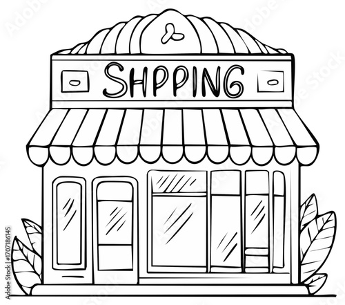 Storefront Line Art with Awning: Cute shop facade with leaves for coloring or craft projects.