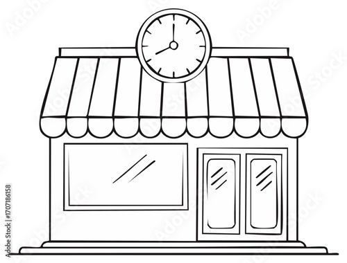Drawn storefront with clock illustration