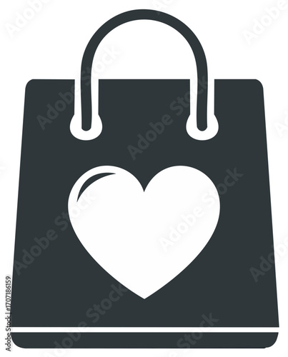 Shopping Bag Icon Adorned with a White Heart Symbol for Retail Sales or Charity