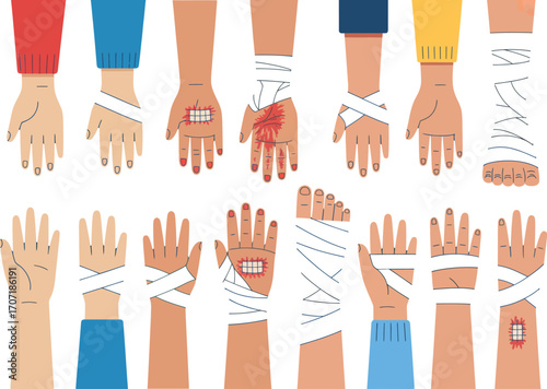 Collection of diverse hands bandaged, illustrating injury, healing, and first aid care.