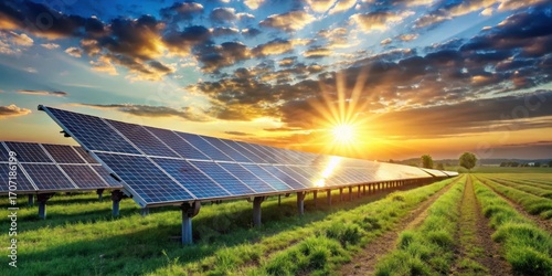 Golden Hour Solar Farm Rows of photovoltaic panels harnessing the radiant sunset energy in a serene field