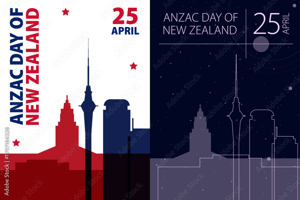 Naklejka premium New Zealand Anzac Day poster pack. Vector illustrations with Auckland city skyline and landmarks shape for holiday card, print, event, brochure. Modern template