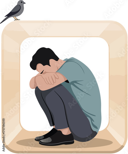 Man curled in a protective pose inside a square frame, feeling trapped with a bird perched above.