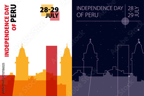 Peru Independence Day poster pack. Vector illustrations with Lima city skyline and landmarks shape for holiday card, print, event, brochure. Modern template
