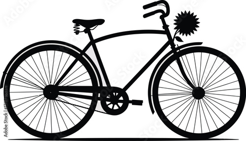 Classic bicycle silhouette adorned with a cheerful sunflower on a clean white background