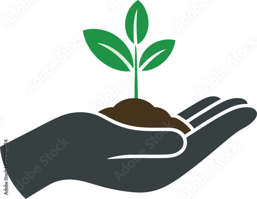 Caring hand nurturing a young green sprout in dark soil, symbolizing growth and new beginnings.