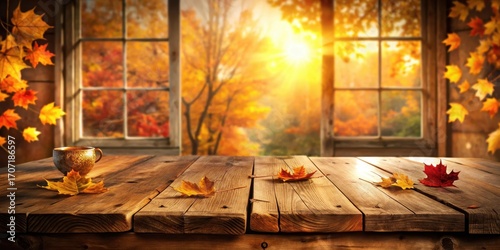 Autumnal rustic wooden table scene with a warm beverage and falling leaves near a window with a vibrant fall foliage view.
