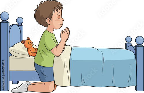 Young boy praying at bedside with teddy bear, finding peace before sleep