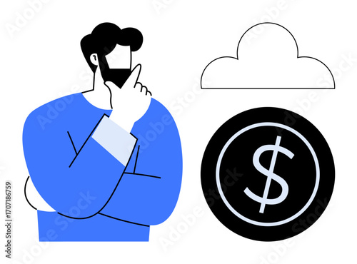 Pensive man touching chin next to dollar icon and abstract cloud. Ideal for finance, decision-making, money management, cloud computing, fintech, savings, investments. Simple flat metaphor