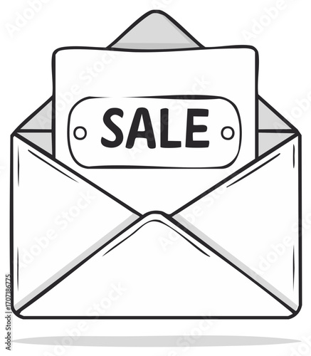 Hand drawn illustration of an open envelope with a tag stating SALE inside