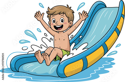 Joyful young boy gleefully sliding down a water slide on a sunny day