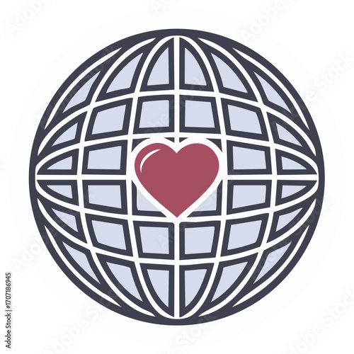 Global Love and Unity Icon with Heart in Planet Earth Grid Symbolizing Peace and Charity