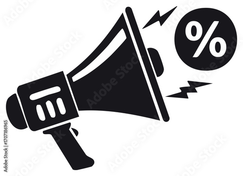 Black Megaphone Announcing Percentage Discount with Sound Waves and Lightning