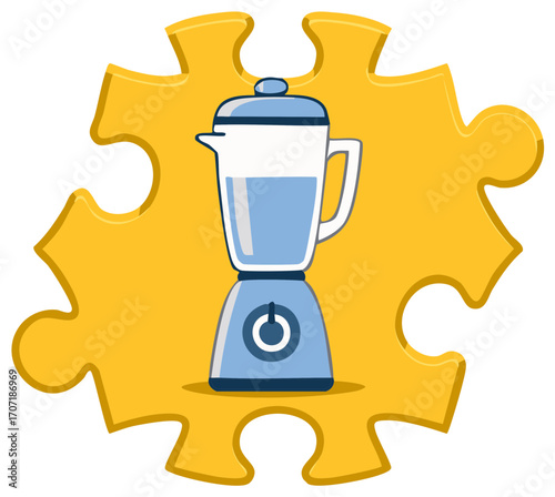 Blue blender with a power button on a yellow puzzle piece background