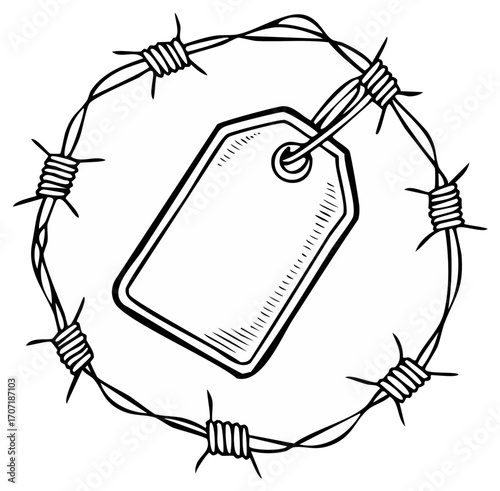 Hand drawn illustration of a blank price tag or identity label encircled by sharp barbed wire