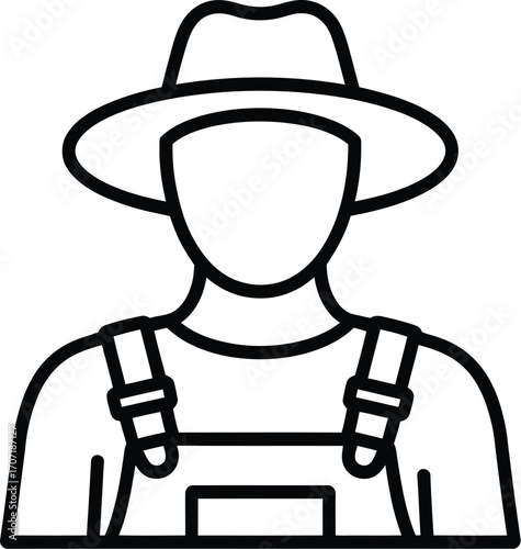 Farmer in overalls and hat, simple line art illustration representing agriculture and rural life