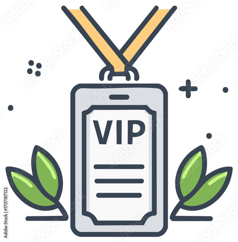 VIP badge or pass with ribbon and leaves, ideal for exclusive access or membership.