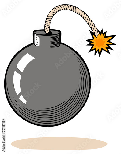 Cartoon Bomb with Burning Fuse Graphic Style Illustration Round Explosive Weapon