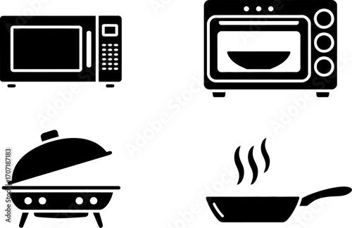 Collection of kitchen appliances and cooking tools, including microwaves, oven, grill, and frying pan