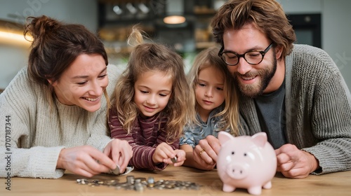 Joyful family with two children saving money together using a piggy bank, smiling while organizing coins on a table at home