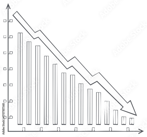 Hand drawn business graph with falling bars and an arrow indicating decline
