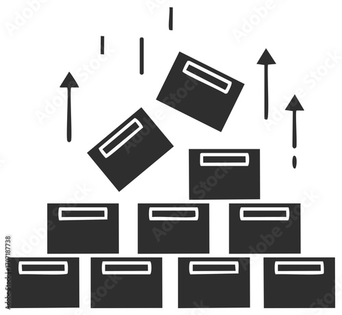 Hand drawn icon of building a block pyramid with upward arrows symbolizing business growth and logistics