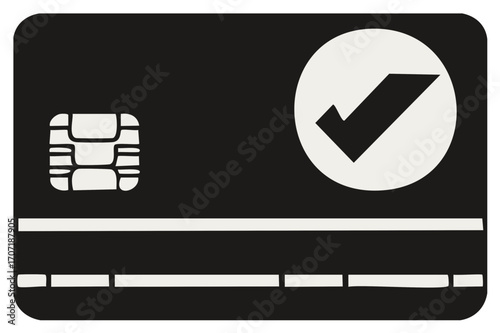 Approved payment card icon, secure transaction concept, debit or credit cards with chip and check mark, safe pay