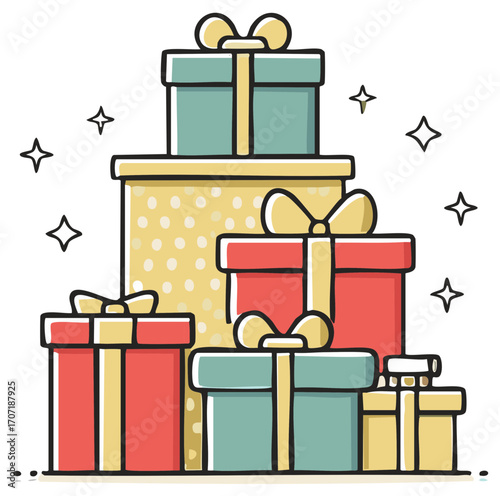 Stacked illustrated gift boxes with ribbons and bows with star accents