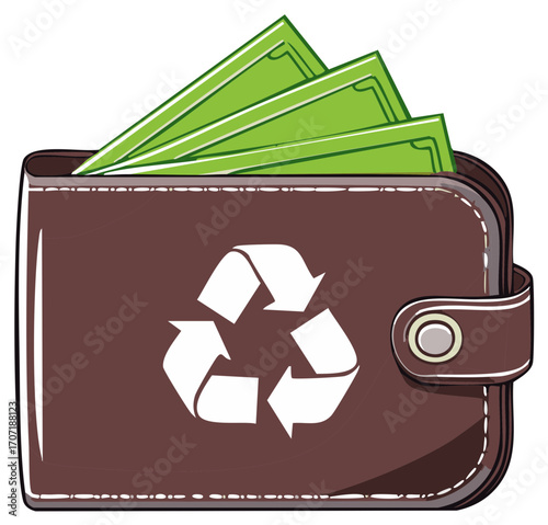 Brown Leather Wallet Filled with Green Money Featuring White Recycling Symbol on the Front Surface