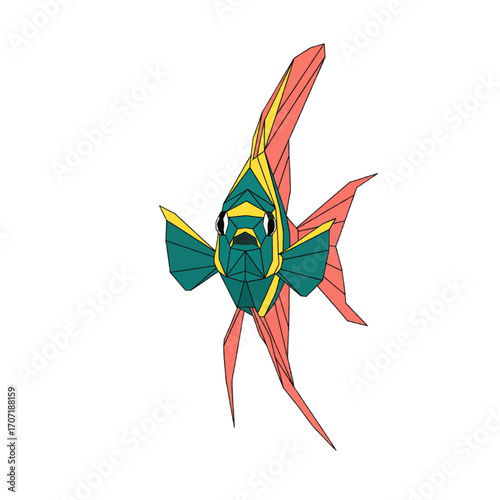 A vibrant tropical angelfish illustration rendered in a modern low-poly geometric style on a white background