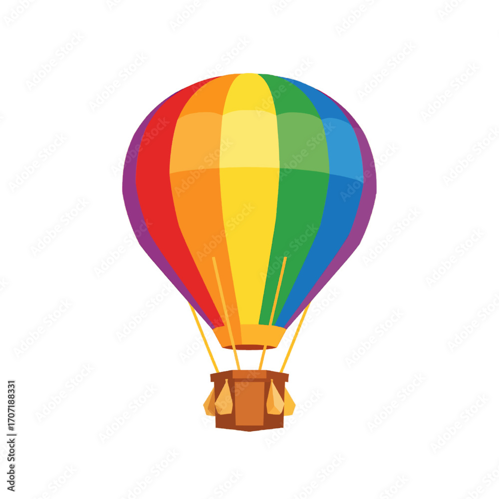 Naklejka premium Vibrant hot air balloon illustration with rainbow stripes representing pride, freedom, and adventurous travel, isolated on a white background