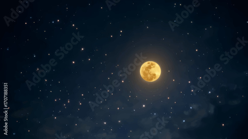 Bright glowing full moon in starry night sky mystical background for halloween poster design.